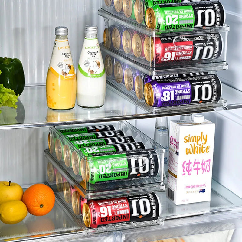 Stackable Automatic Rolling Cans Organizer for Refrigerator Beer Cola Soda Dispenser Bin Fridge Clear Plastic Storage Box