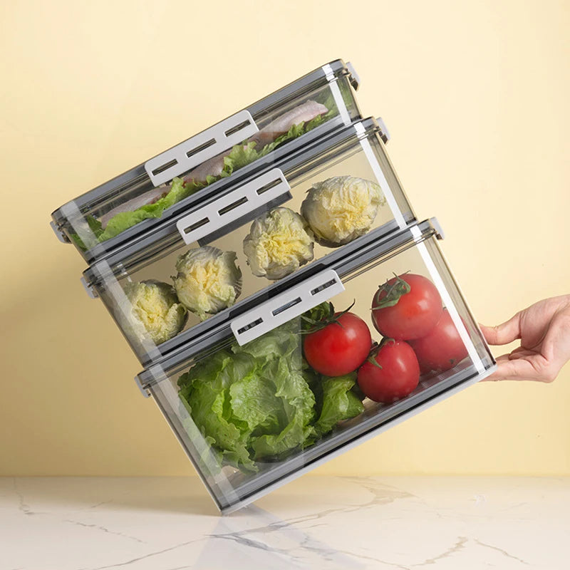 Refrigerator Organizer Stackable Plastic Storage Bin with Drain Plate Air Hole for Food Vegetable Fruit Egg Kitchen Fridge Box